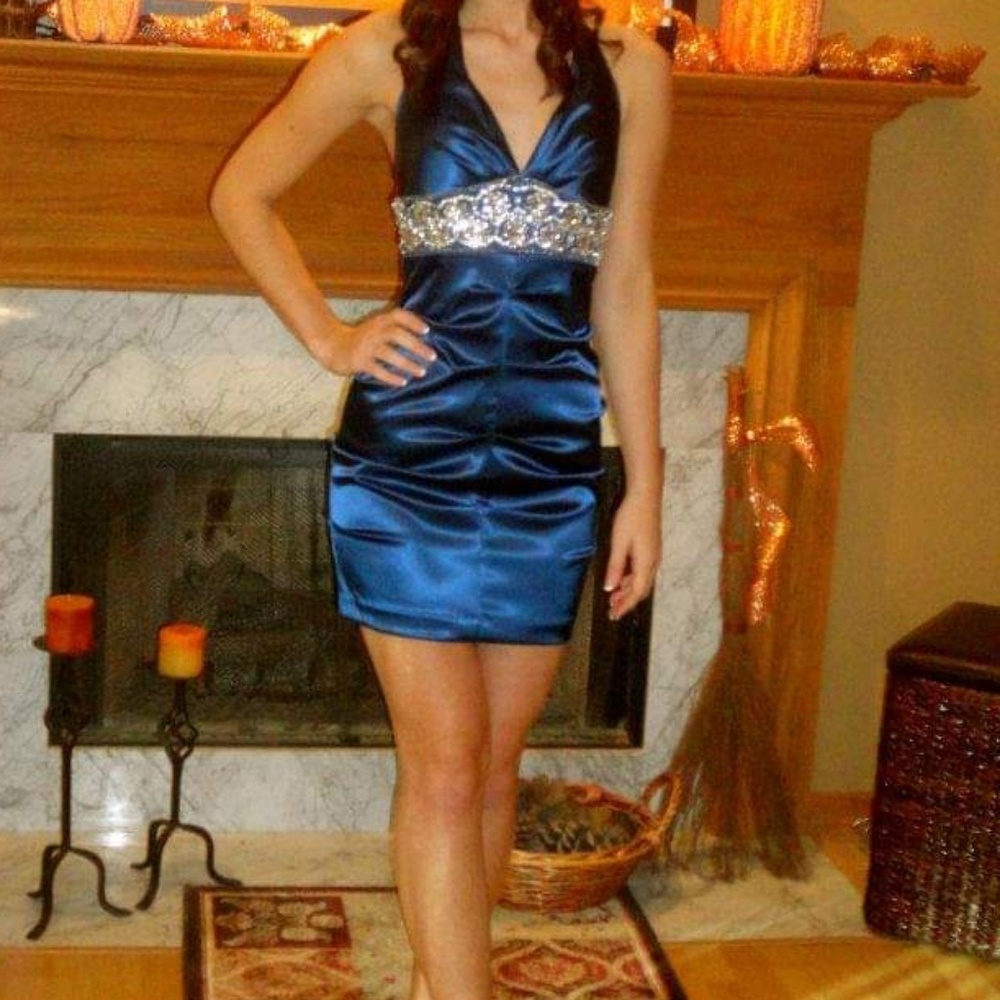 Halter neck navy blue homecoming dress